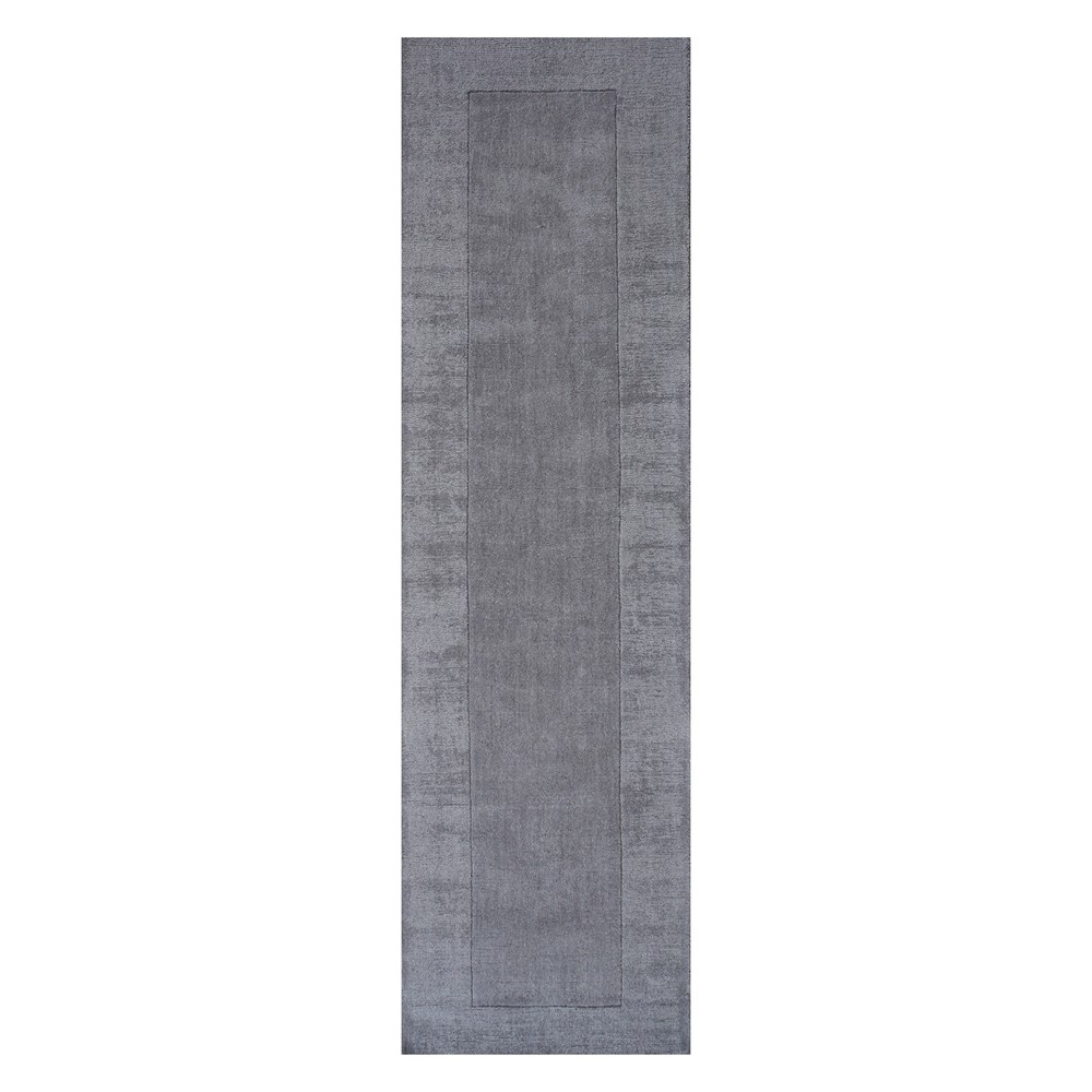 Handloom Plain Carved Border Wool Runner Rugs in Charcoal Grey